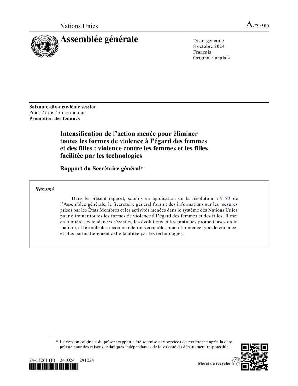 Intensification de l’action menée pour éliminer toutes les formes de violence à l’égard des femmes et des filles : violence contre les femmes et les filles facilitée par les technologies : rapport du Secrétaire général (2024)