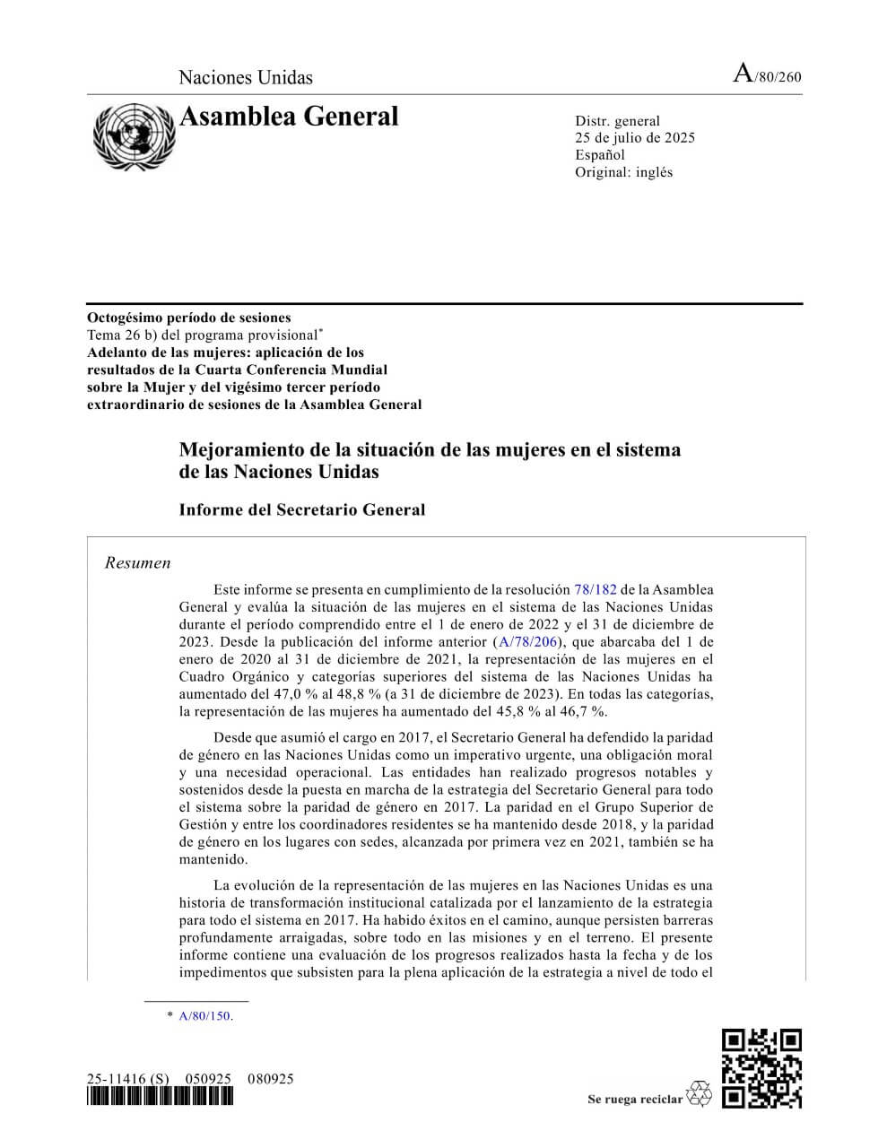 Mejoramiento de la situación de las mujeres en el sistema de las Naciones Unidas: Informe del Secretario General (2025)