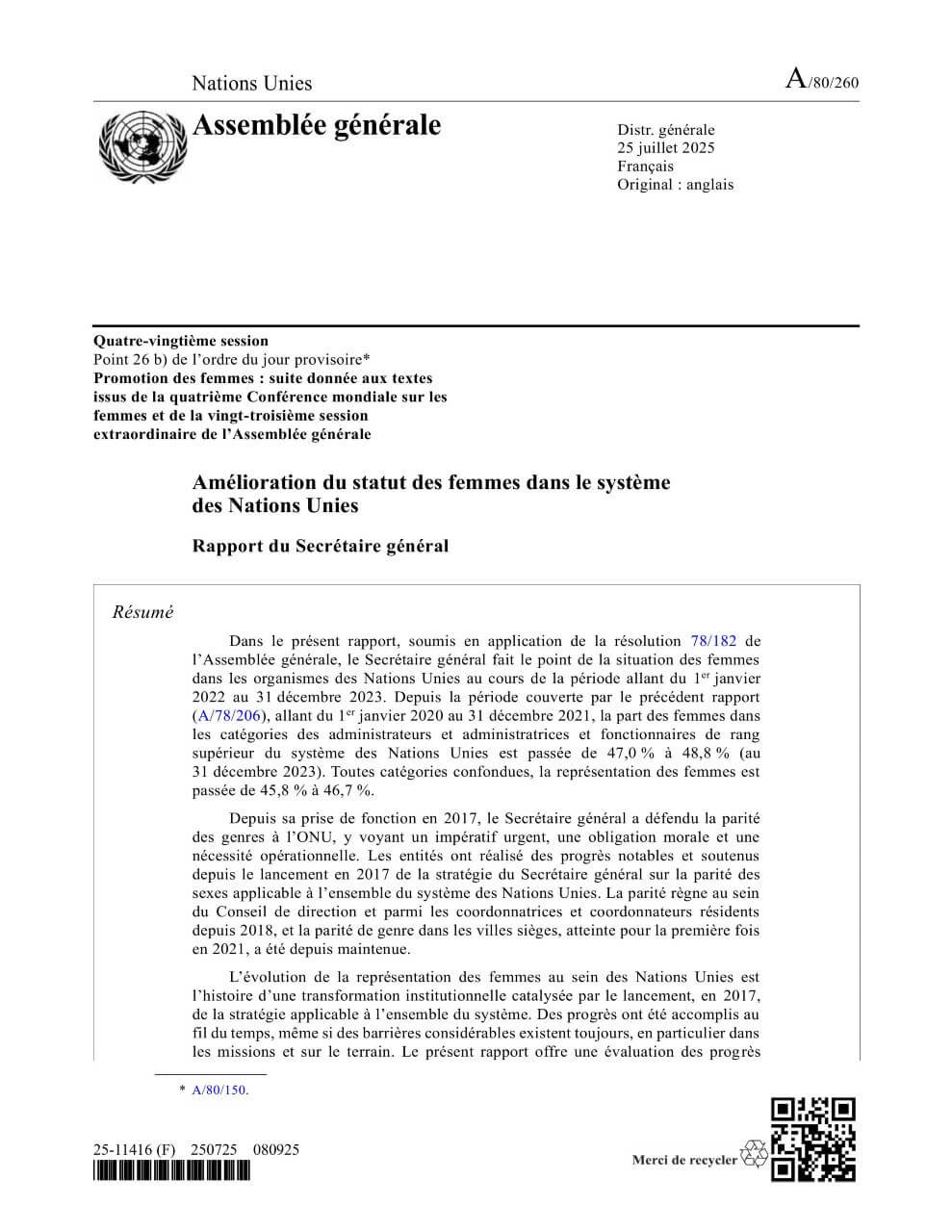 Amélioration du statut des femmes dans le système des Nations Unies : Rapport du Secrétaire général (2025)