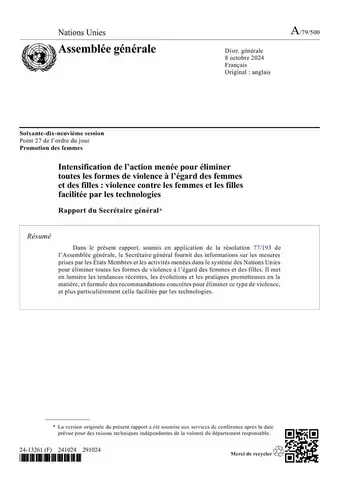 Intensification de l’action menée pour éliminer toutes les formes de violence à l’égard des femmes et des filles : violence contre les femmes et les filles facilitée par les technologies : rapport du Secrétaire général (2024)