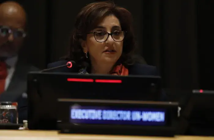 UN Women Executive Director Sima Bahous delivers remarks at the official United Nations commemoration of the International Day for the Elimination of Violence against Women, 25 November 2025, UN Headquarters. Photo: UN Women/Ryan Brown.