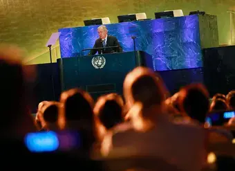 UN Secretary-General António Guterres delivers speech on 7 March at the UN commemoration event for International Women's Day (8 March, 2025). Photo: UN Women/Ryan Brown