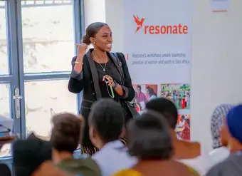Claire Uwineza speaks at the Storytelling for Leadership workshop, hosted by Resonate, empowering National Women’s Council members with impactful communication skills. Photo Credit: Resonate