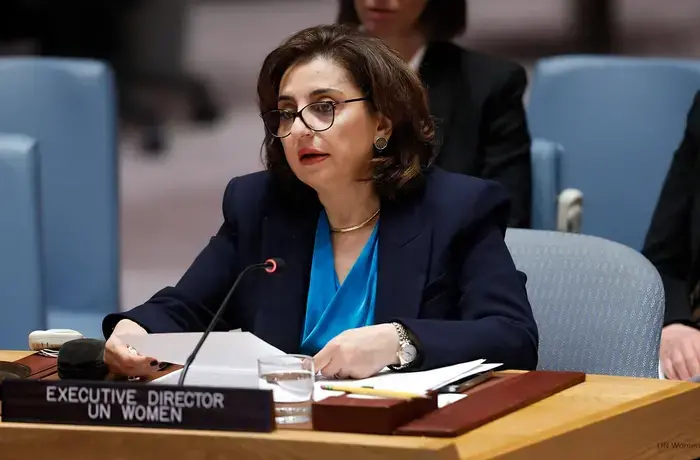 UN Women Executive Director Sima Bahous delivers remarks at the briefing of the Security Council on the reports of the Secretary-General on Sudan and South Sudan, 11 November 2025, UN Headquarters. Photo: UN Women/Ryan Brown.