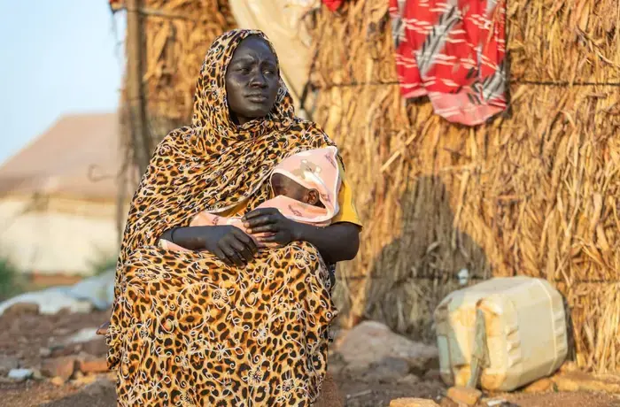 Malka, a displaced mother, carries her 1-year-old daughter Sahar who is suffering severe acute malnutrition outside her house in Elhoury gathering point for internally displaced persons in Gedaref state, November, 2024. Photo: UNICEF/UNI689368/Ahmed Mohamdeen Elfatih.